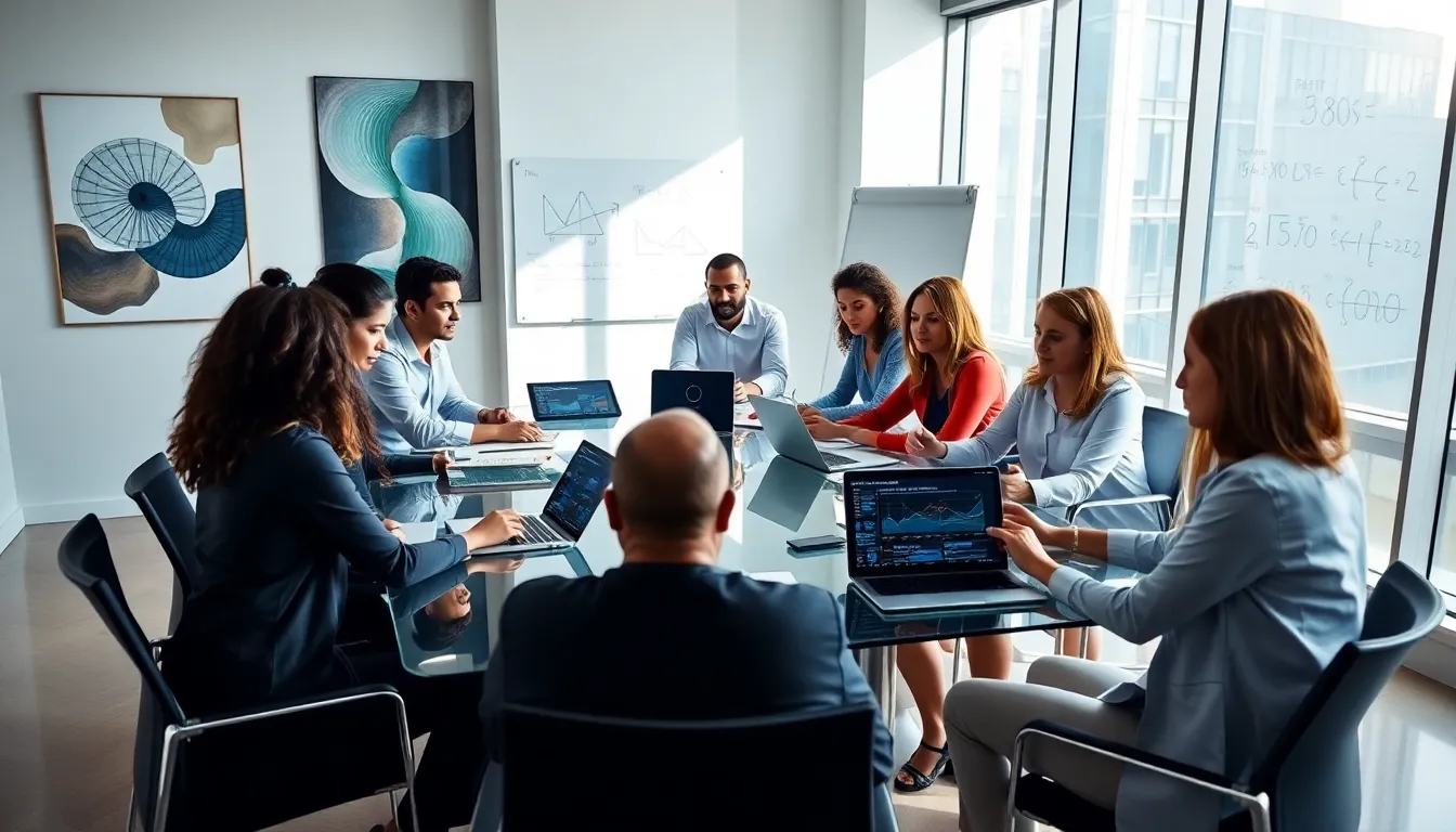 diverse team discussing data in a modern office setting.