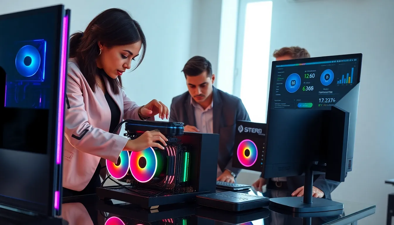 professionals examining a gaming PC setup for performance issues.