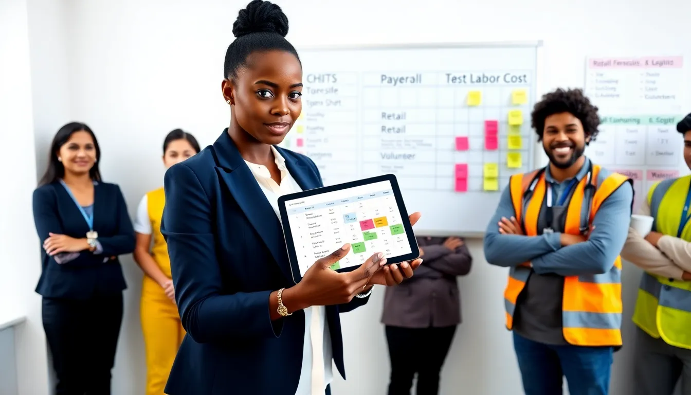 Manager showing a digital roster on a tablet to diverse staff in a bright office.