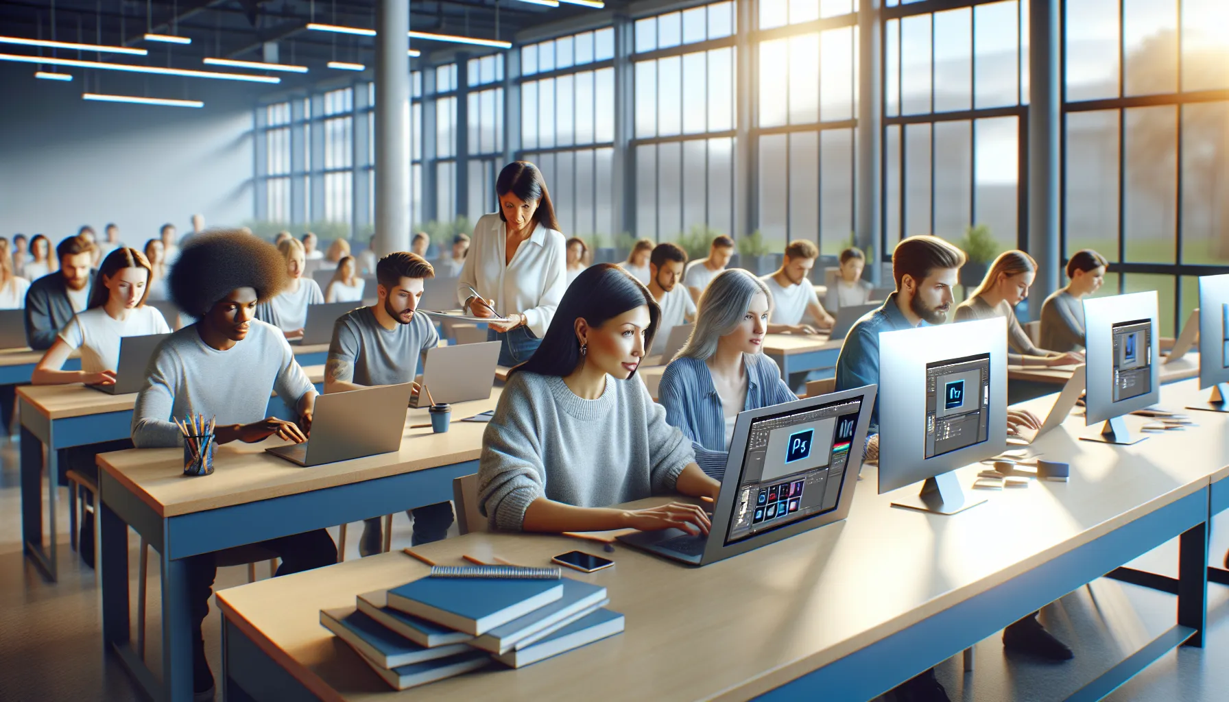 diverse group learning Photoshop in a modern classroom setting.