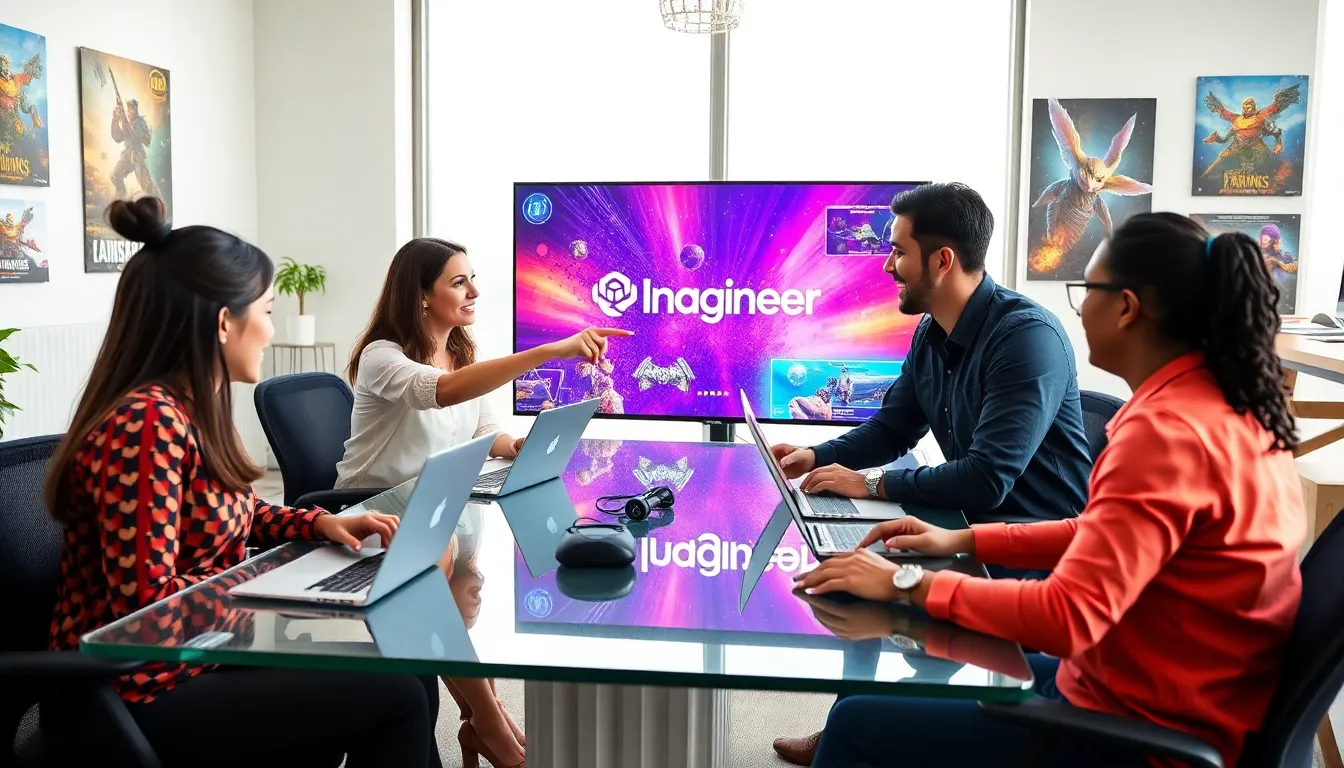 diverse game developers collaborating in a modern office.