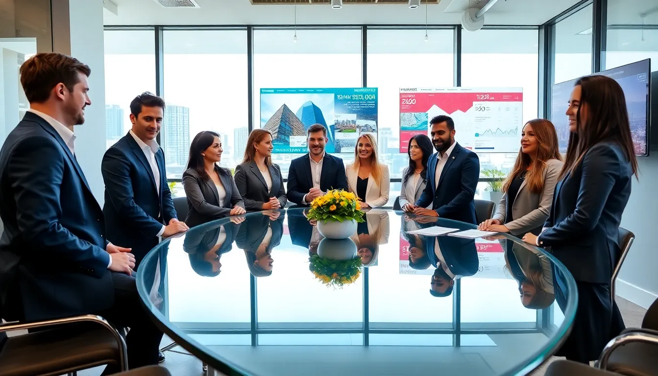 diverse real estate team collaborating in a modern office.
