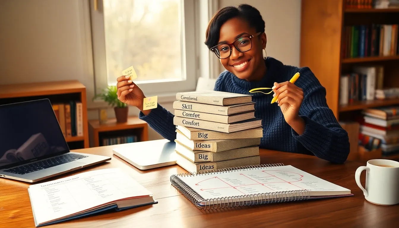 Person arranging a labeled stack of recommended reading books on a desk.