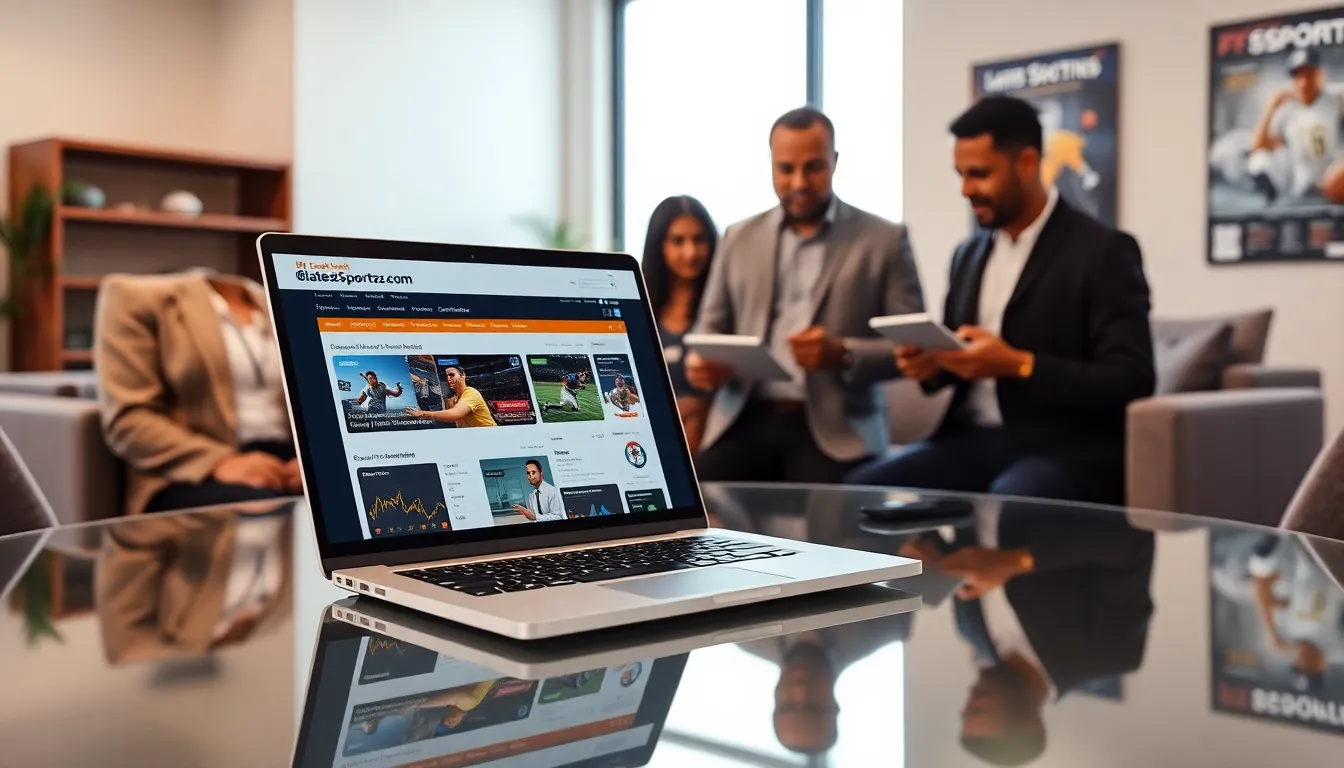 laptop displaying @LatestSportsBuzz.com in a modern office setting.