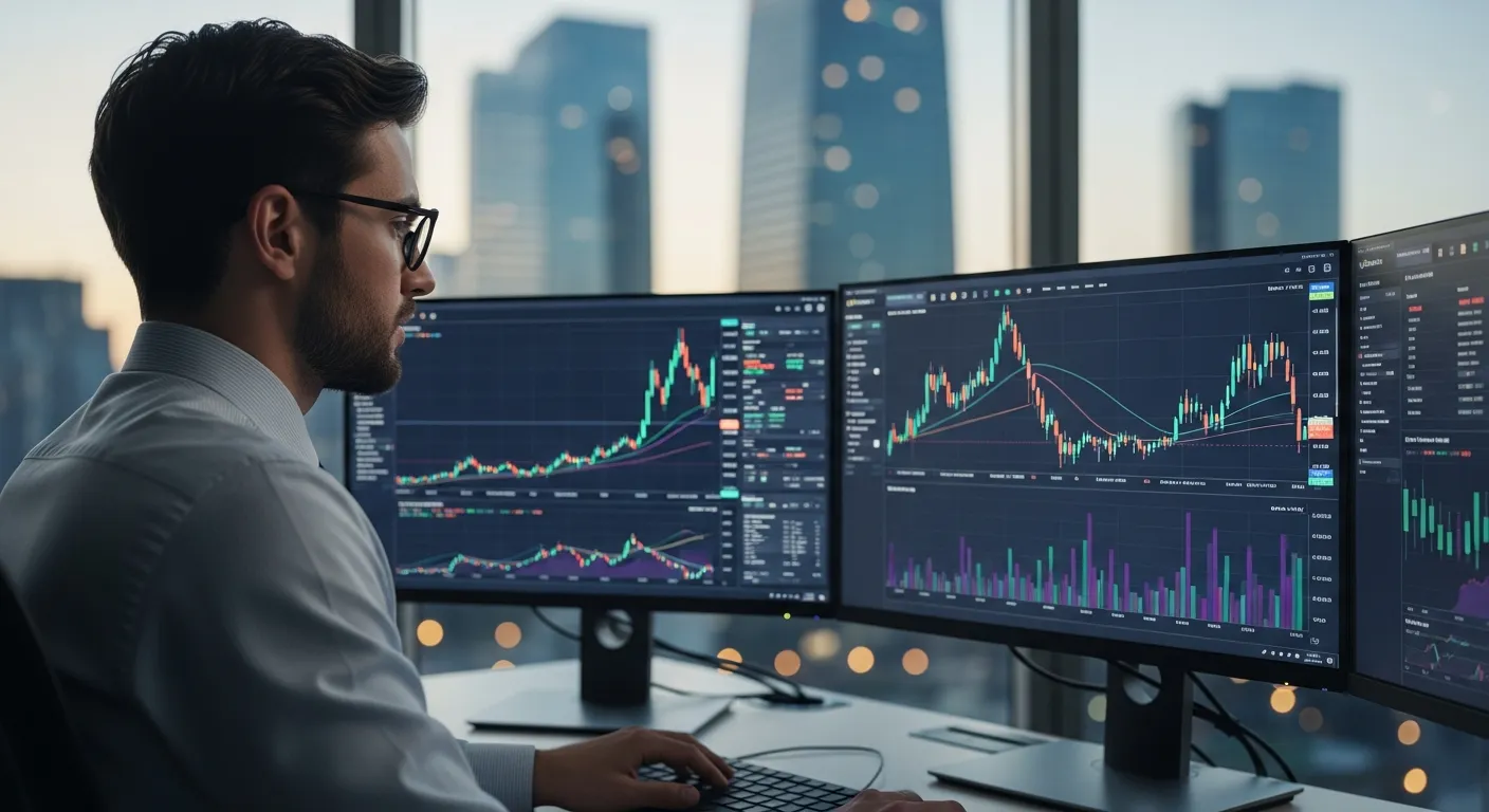 A financial analyst reviewing stable cryptocurrency charts in a modern high-rise office.