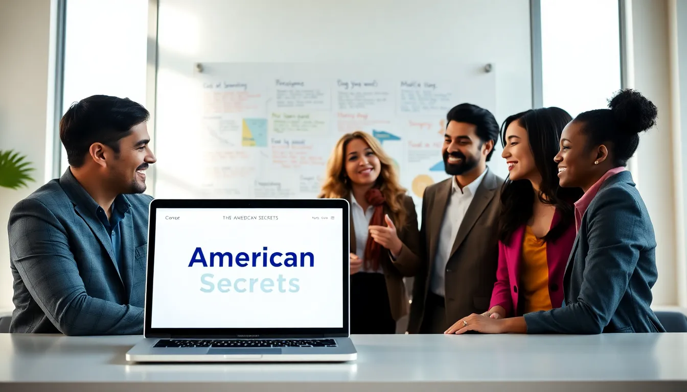 diverse team discussing the #TheAmericanSecrets website in a modern office.