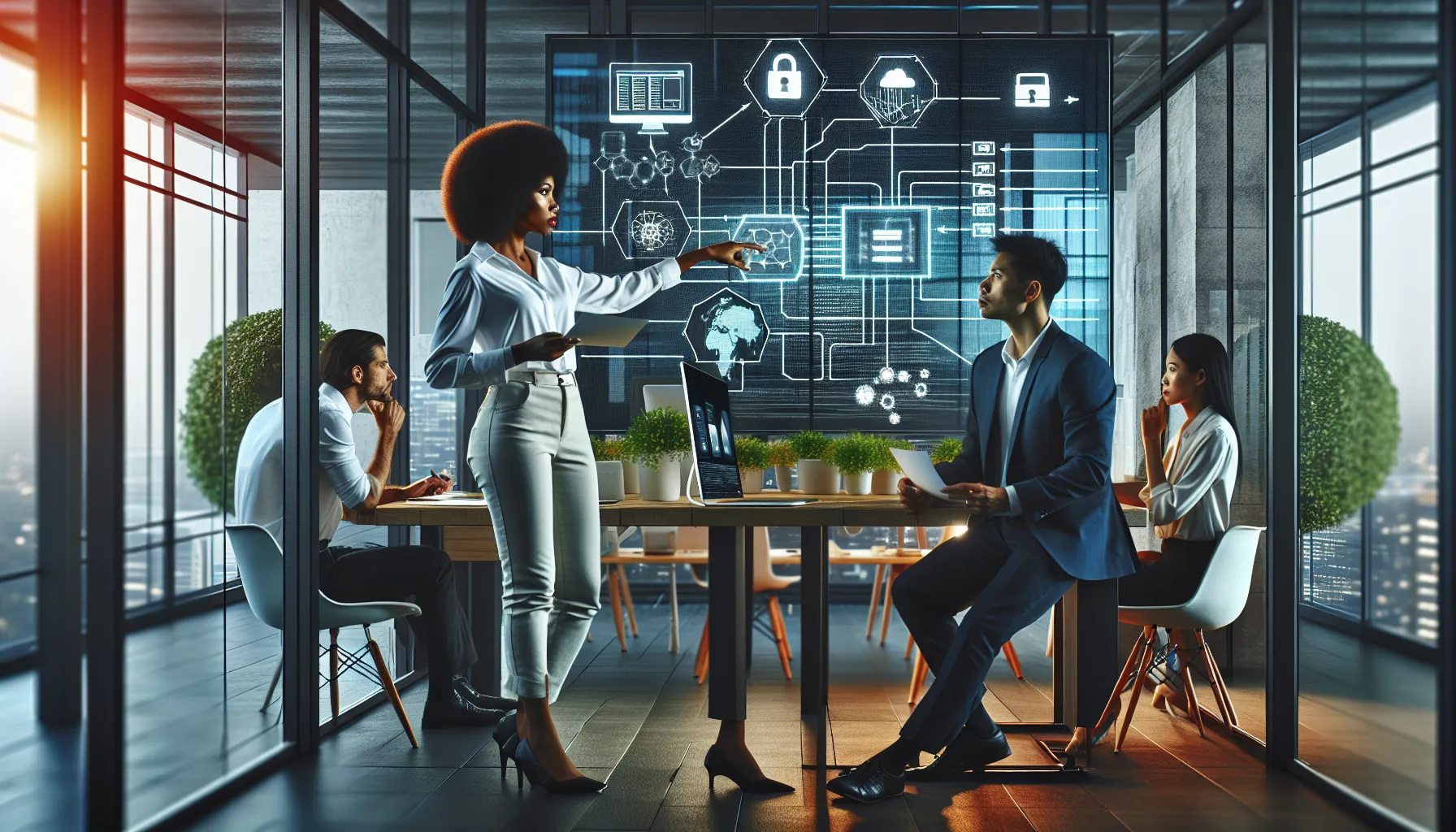 diverse cybersecurity team strategizing in a modern office setting.