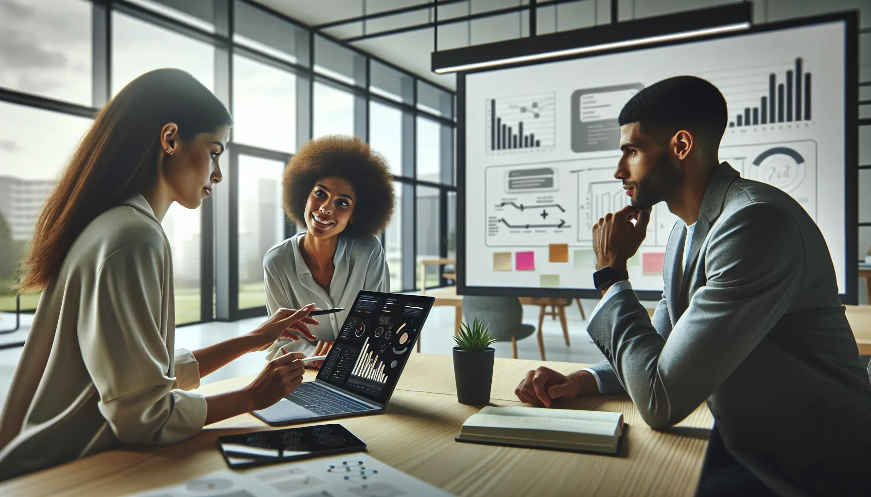 diverse team discussing software in a modern office.