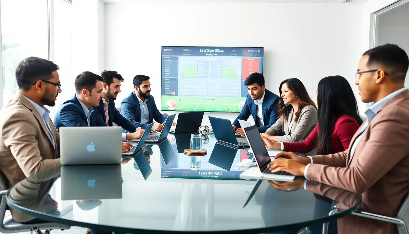 diverse team discussing football coverage in a modern office.