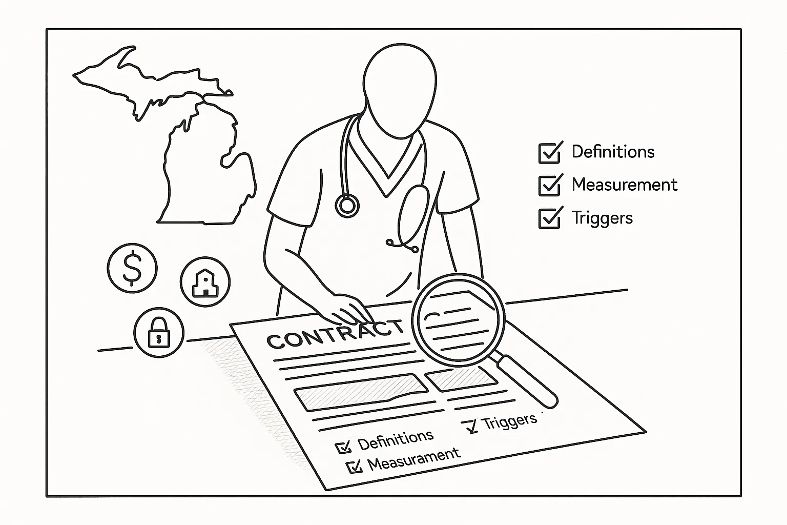 Nurse practitioner closely reviewing a contract with magnifying glass and checklist of Michigan Nurse Practitioner Contract Review.
