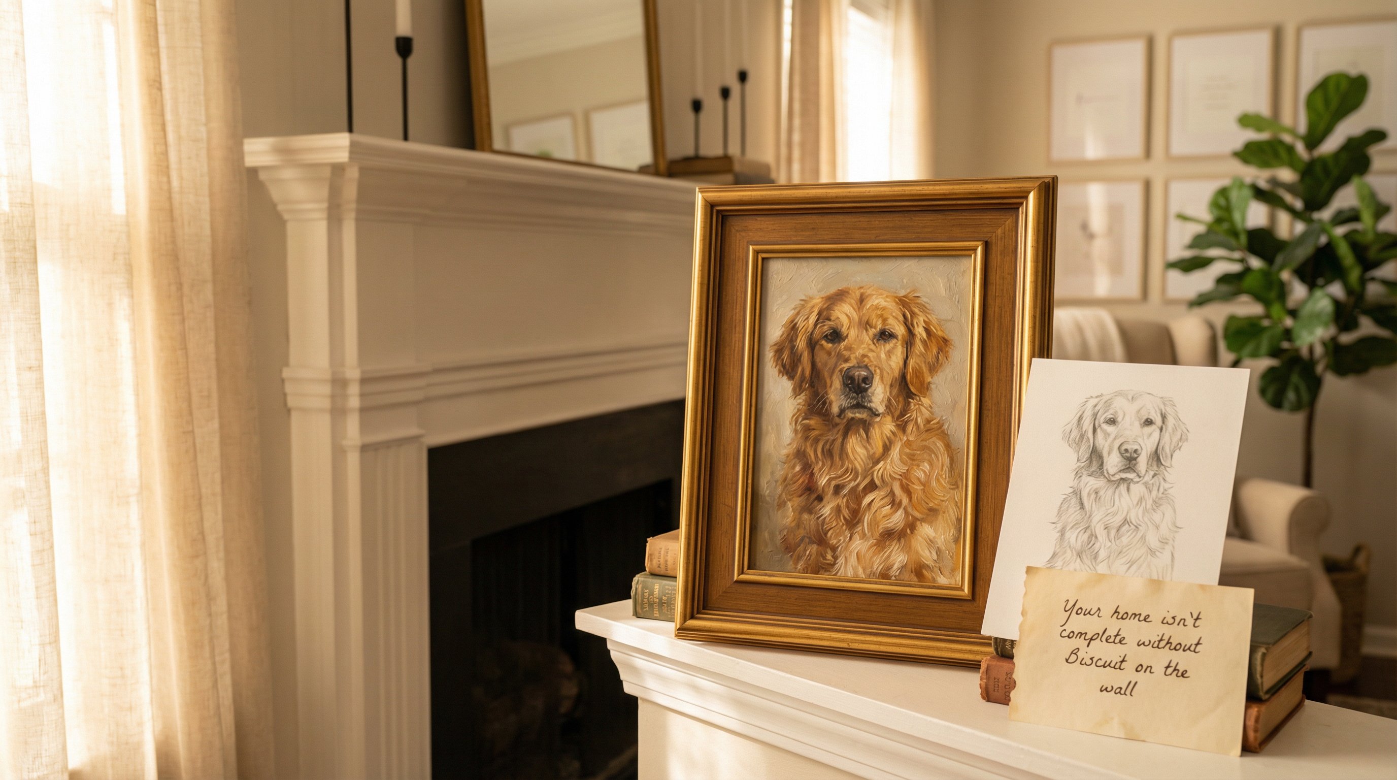 Framed hand-painted golden retriever portrait displayed on a cozy living room mantel.
