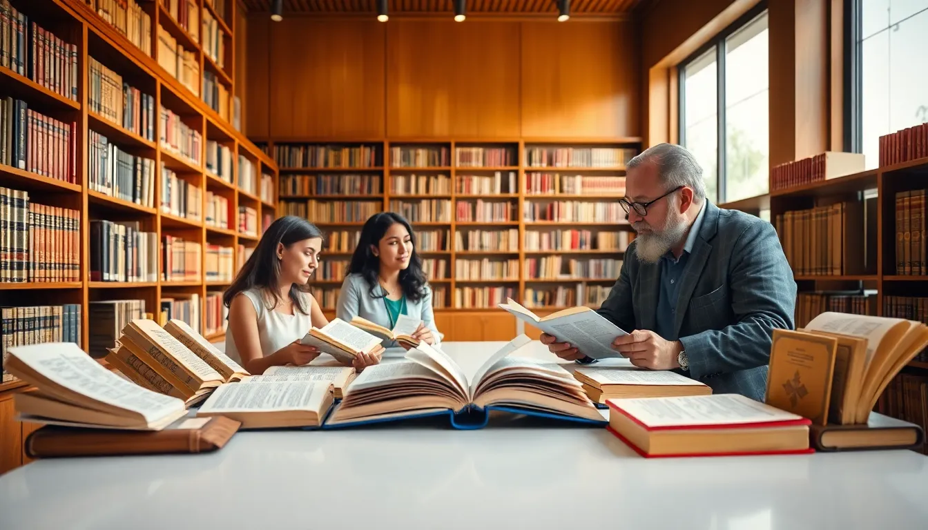 diverse scholars discussing historical texts in a modern library.