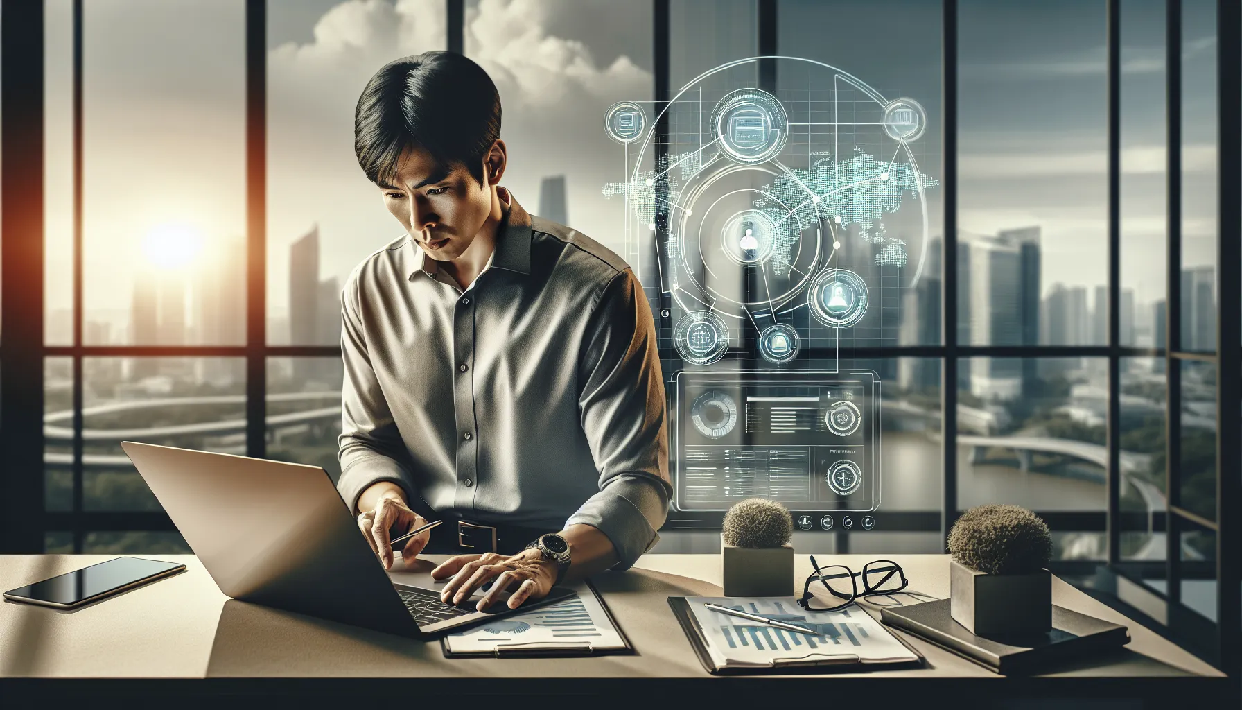 IT technician reviewing logs in a modern office setting.