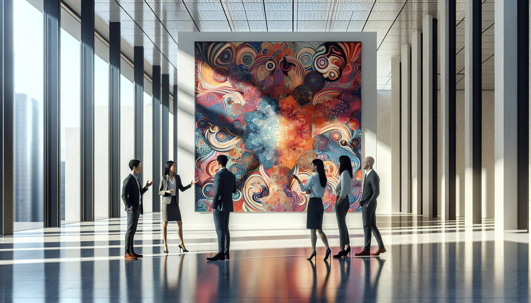diverse professionals discussing abstract art in a modern gallery.
