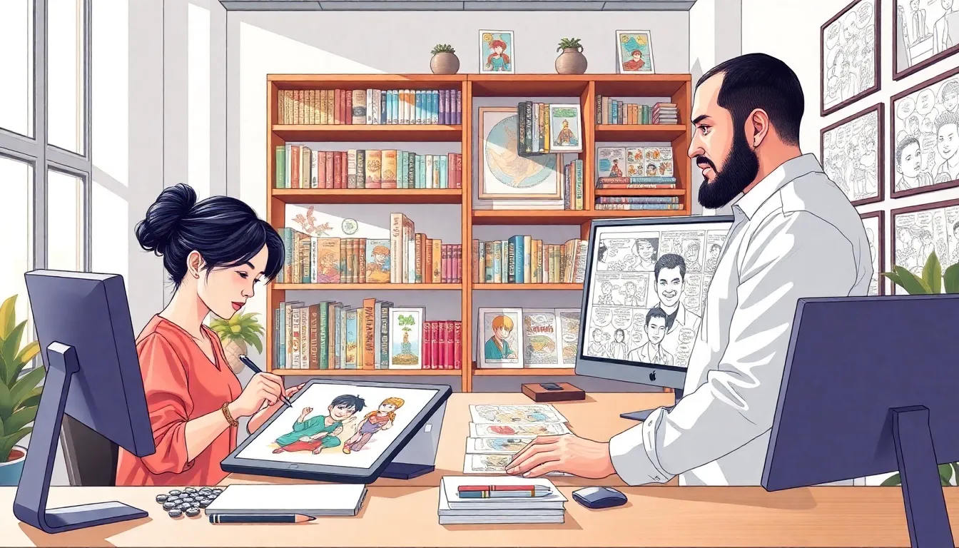 artists collaborating on manhua in a modern studio.