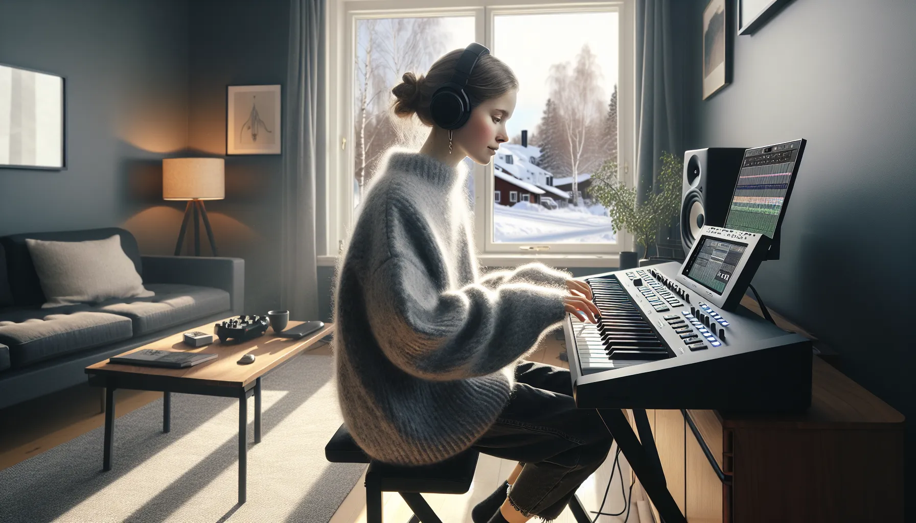 Beginner testing an arranger keyboard beside a digital piano and midi controller.