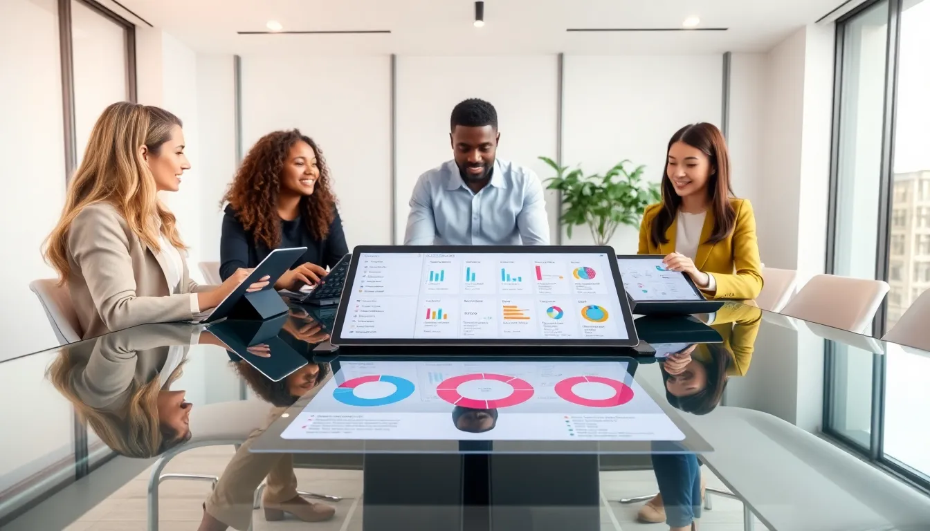 diverse team discussing colorful timestadle tools in a modern office.