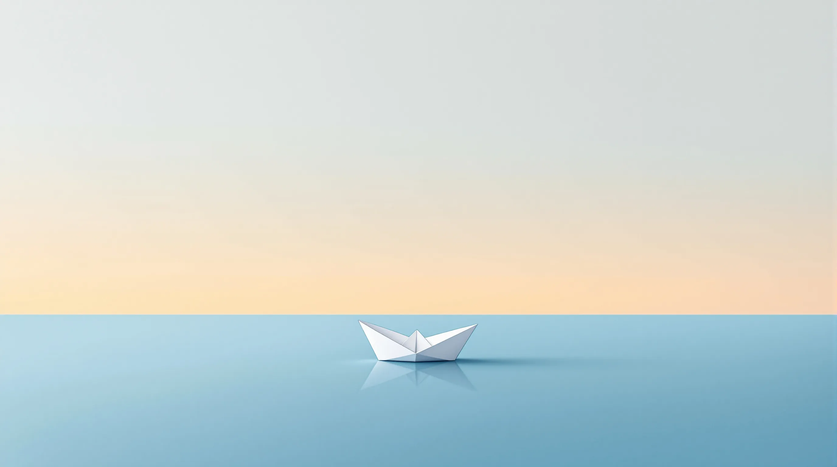 White paper boat on calm water under gradient sky transitioning from gray to sunlight.