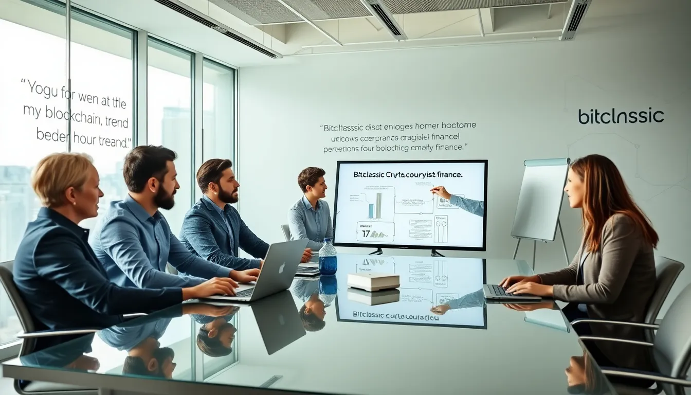 diverse professionals collaborating on cryptocurrency concepts in a modern office.