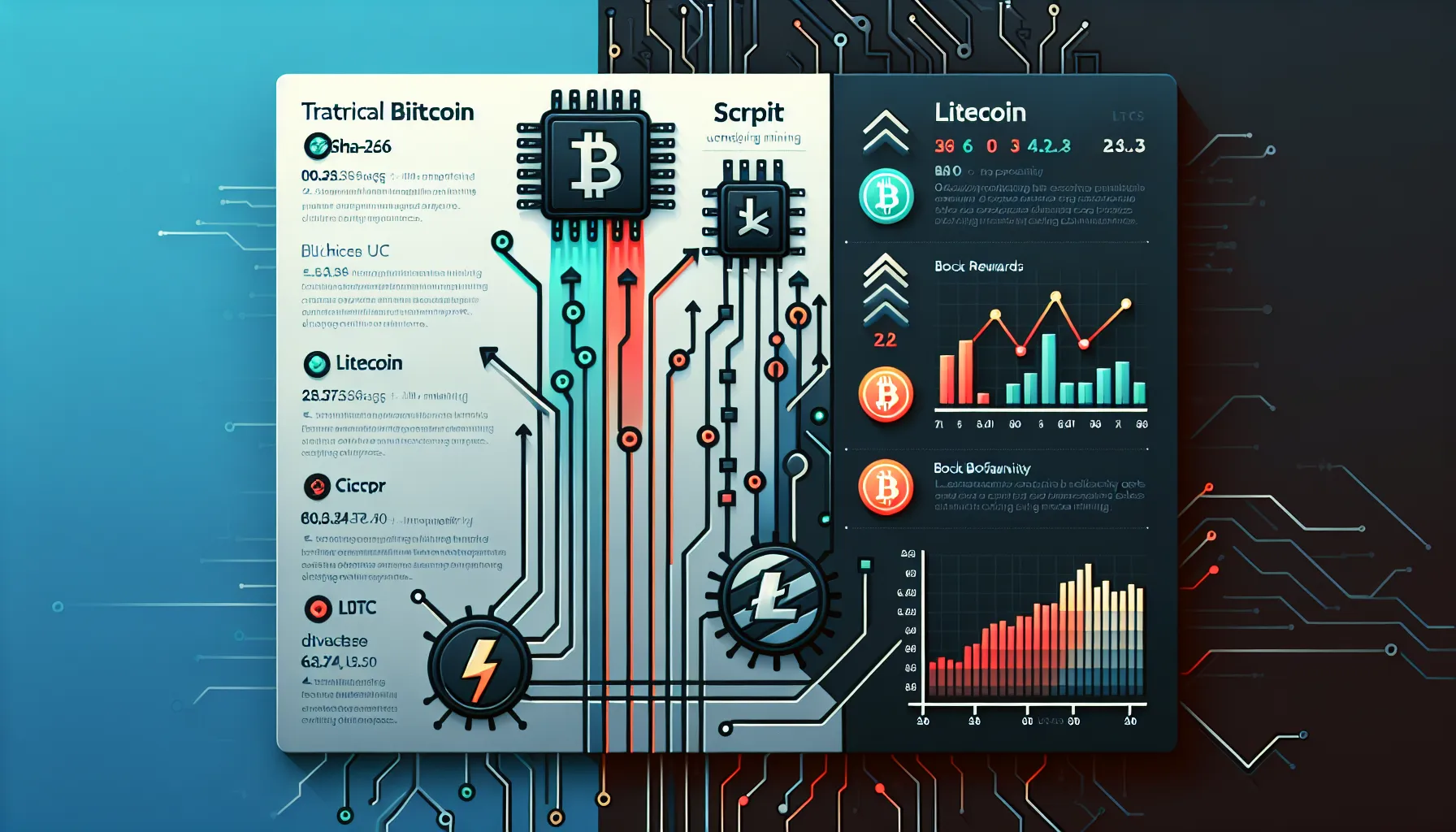 Comparison infographic of Litecoin Scrypt mining, merge mining benefits, and profitability challenges in 2025.