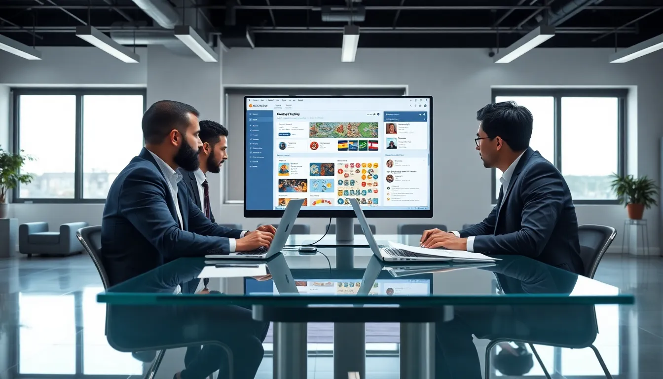 professionals collaborating on gaming strategy in a modern office.