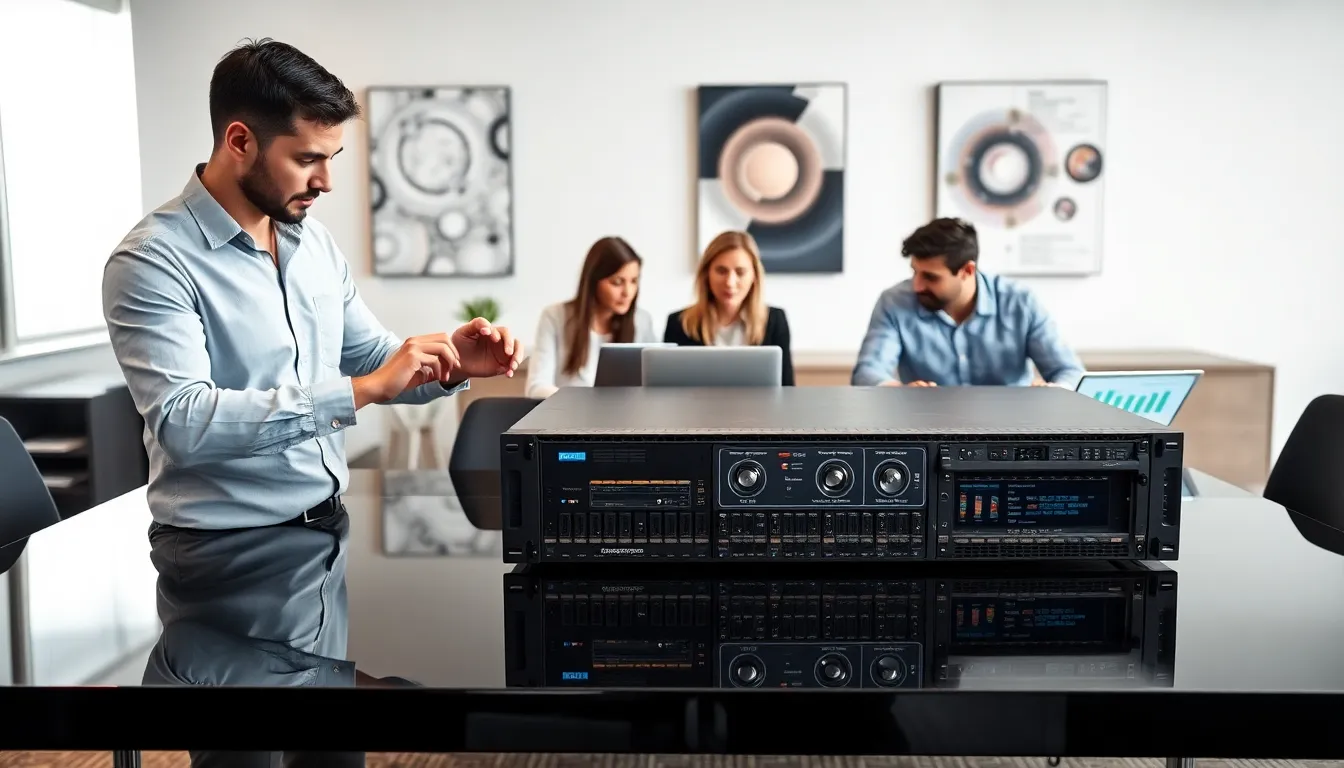 technician and team discussing hardware solutions in a modern office.