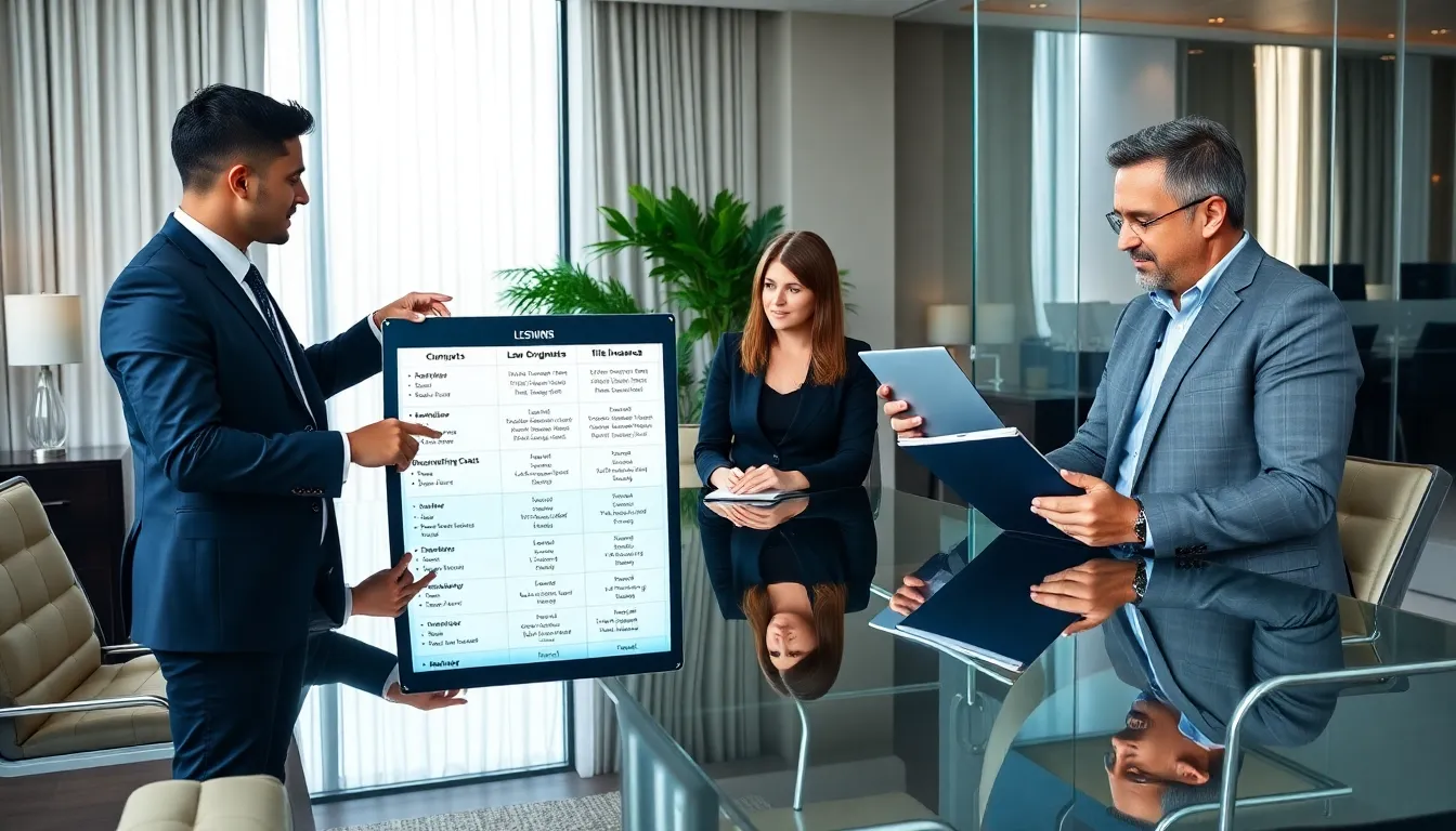 real estate professionals discussing closing costs in a modern office.