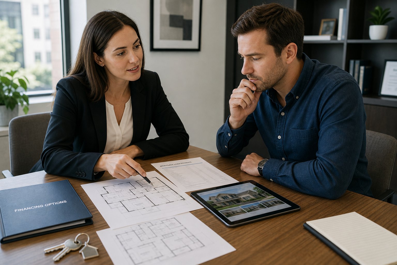 Professionals discussing buying or refinancing a commercial property at a modern office table.