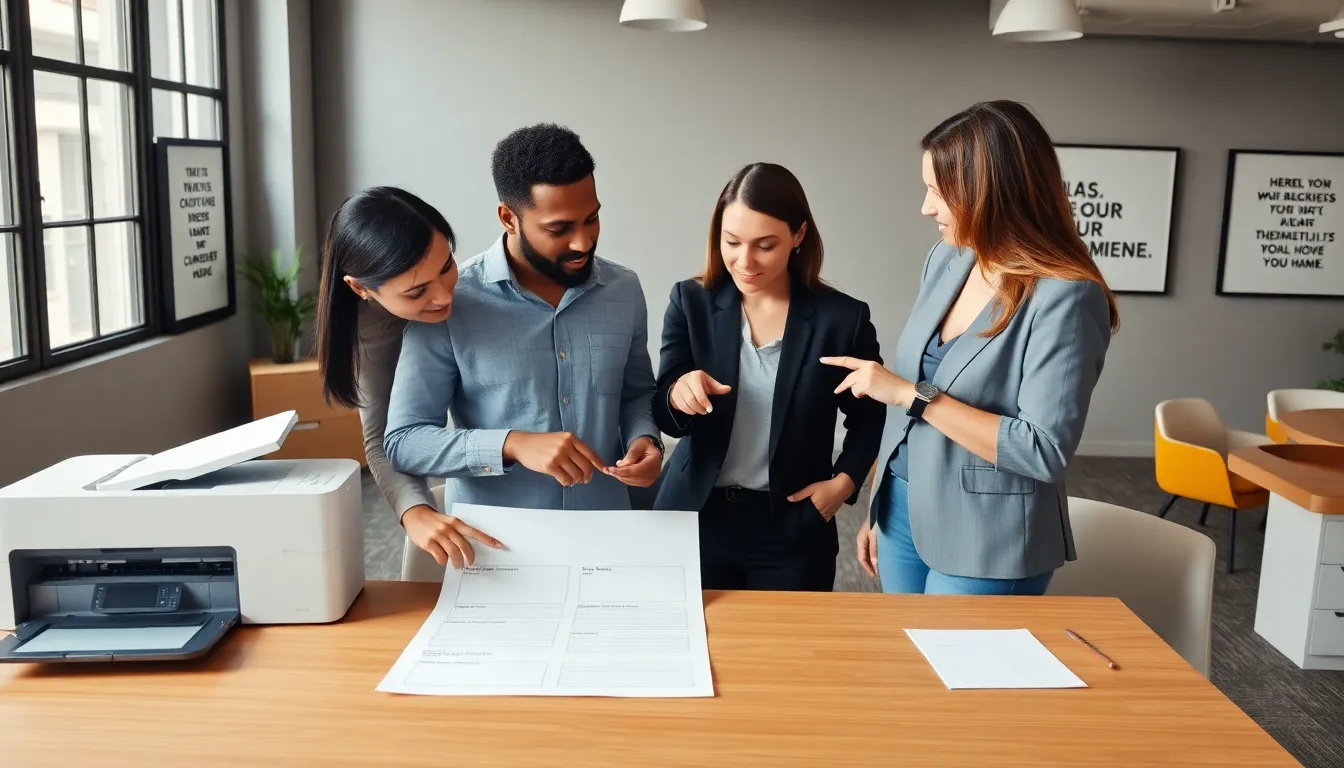 diverse professionals discussing a goal setting worksheet in a modern office.