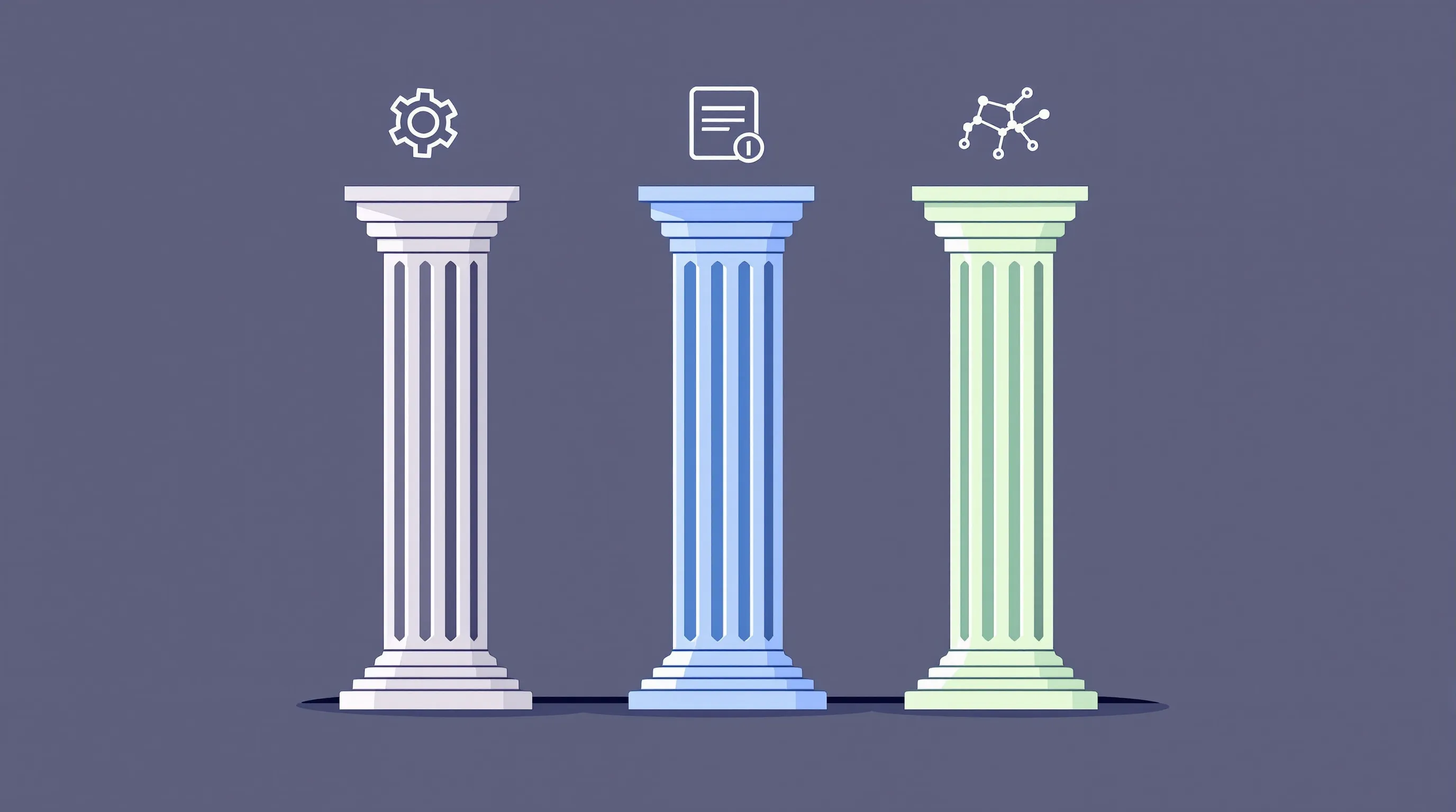 Three minimalist pillars with icons representing technical, content, and off-page web optimization.