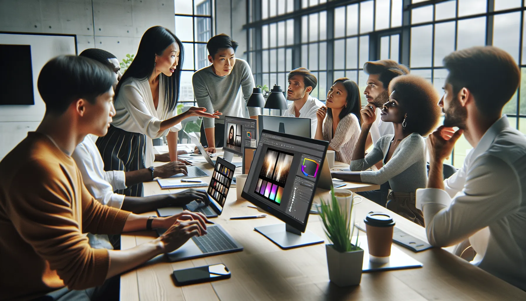 diverse team collaborating on image enhancement software in a modern office.
