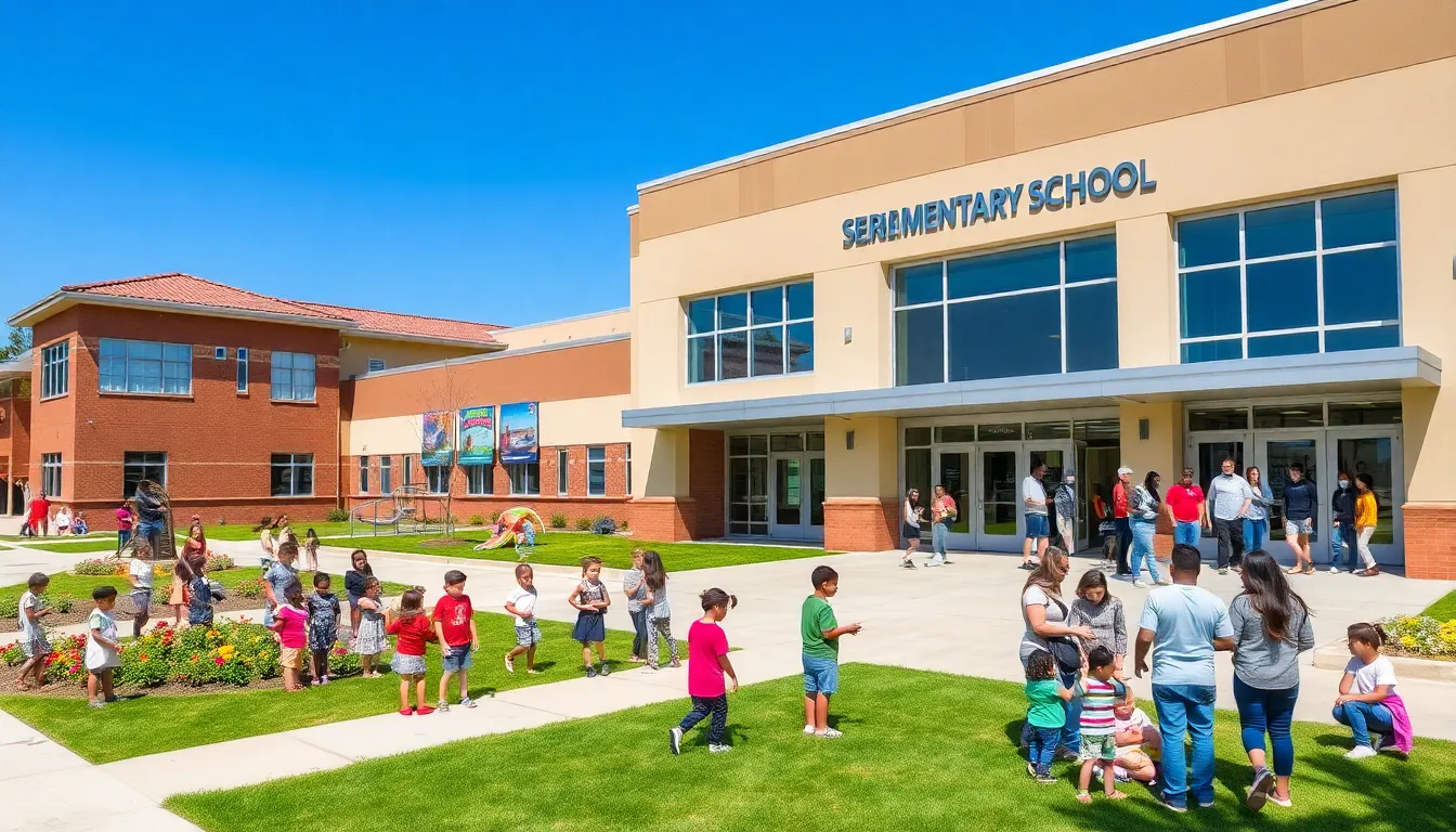 exterior view of Serna Elementary School with students and staff engaged in activities.