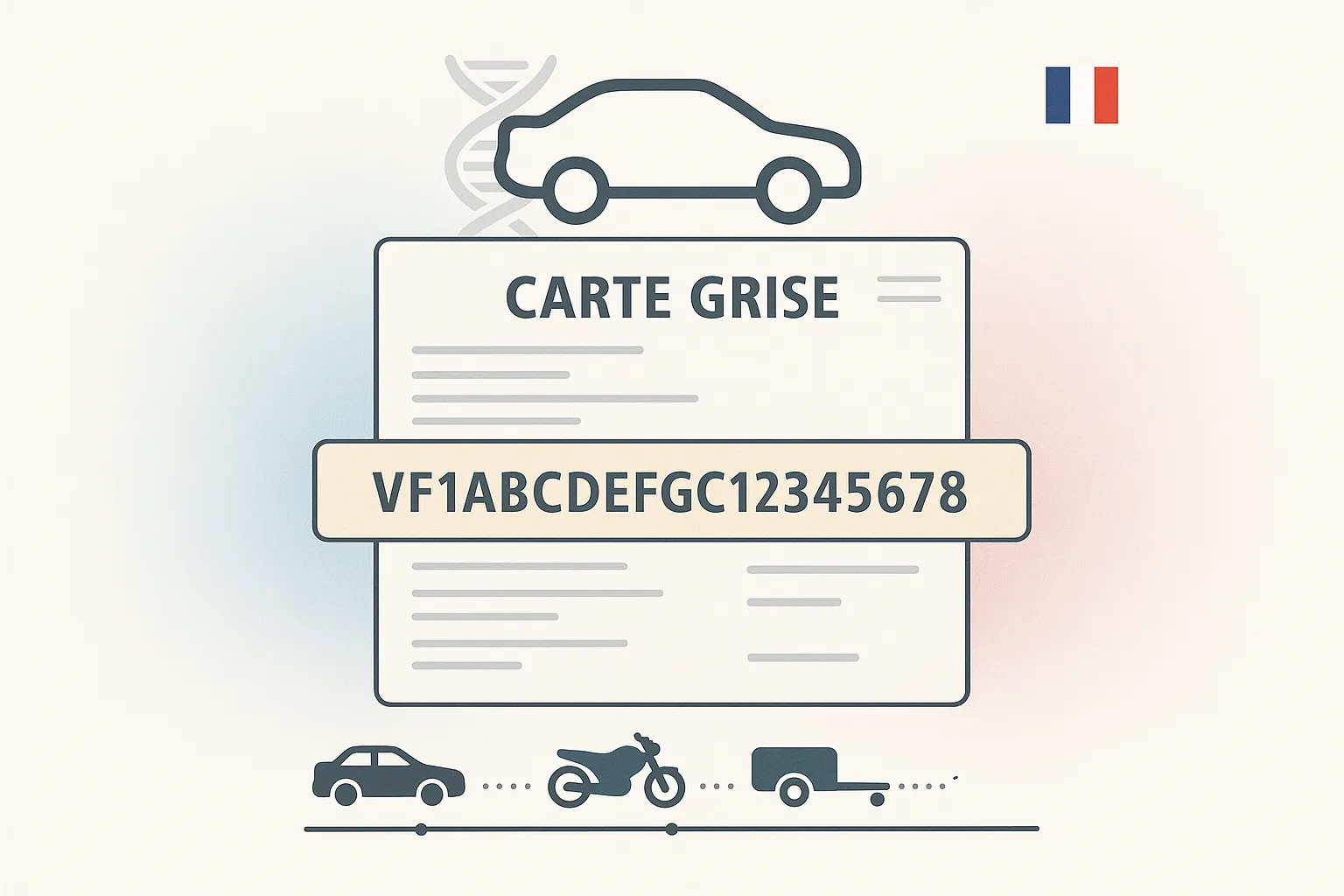 French registration card highlighting vehicle VIN with icons of car, motorcycle, and trailer.