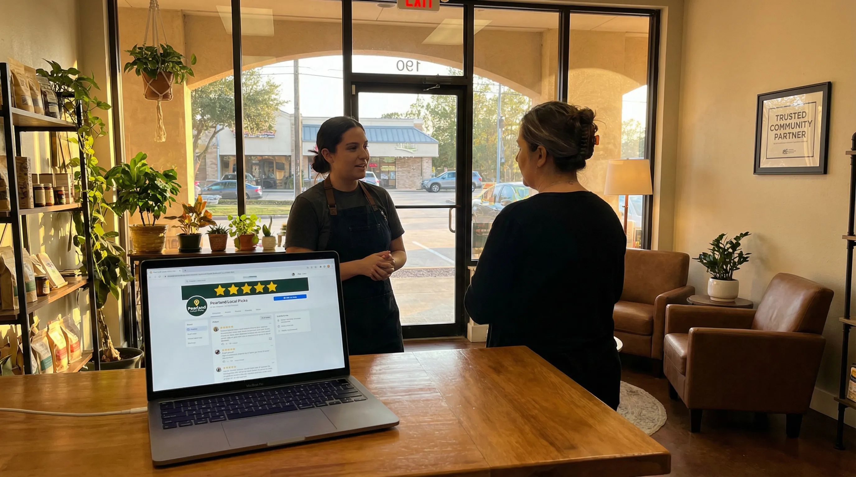 Local Pearland shop counter with a laptop showing many positive online reviews as a customer is helped in the background.