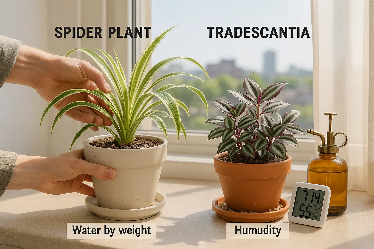 Two labeled pots: variegated spider plant and purple-backed Tradescantia on windowsill.