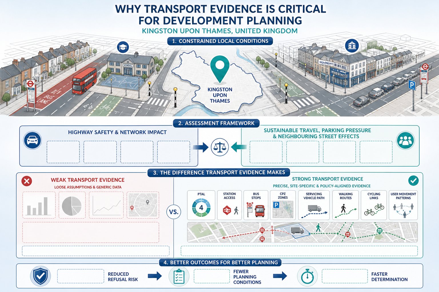 Infographic showing why transport evidence matters for planning in Kingston upon Thames.