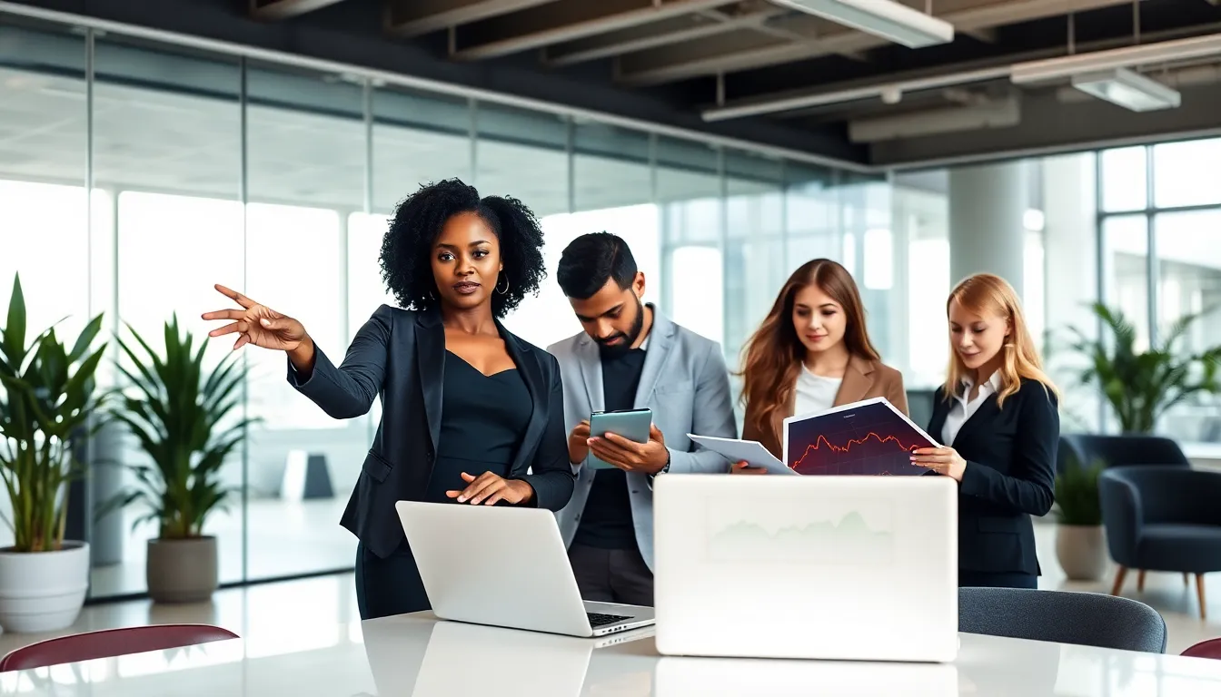 diverse team discussing credit scores in a modern office.