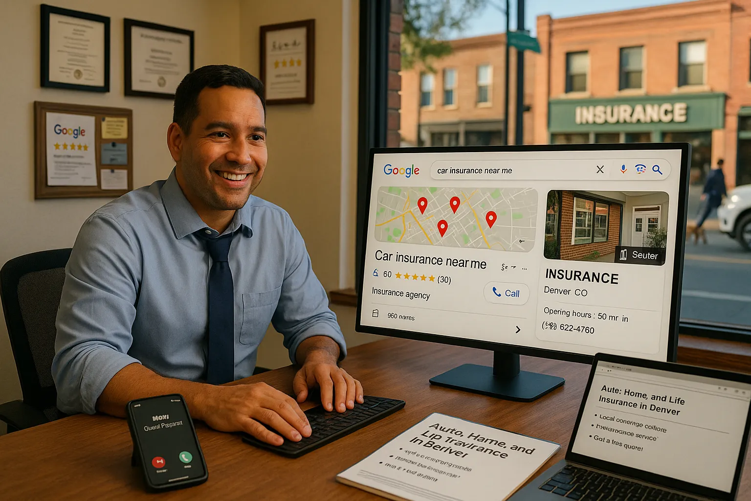 Insurance agent in a local office viewing Google search results for nearby insurance.
