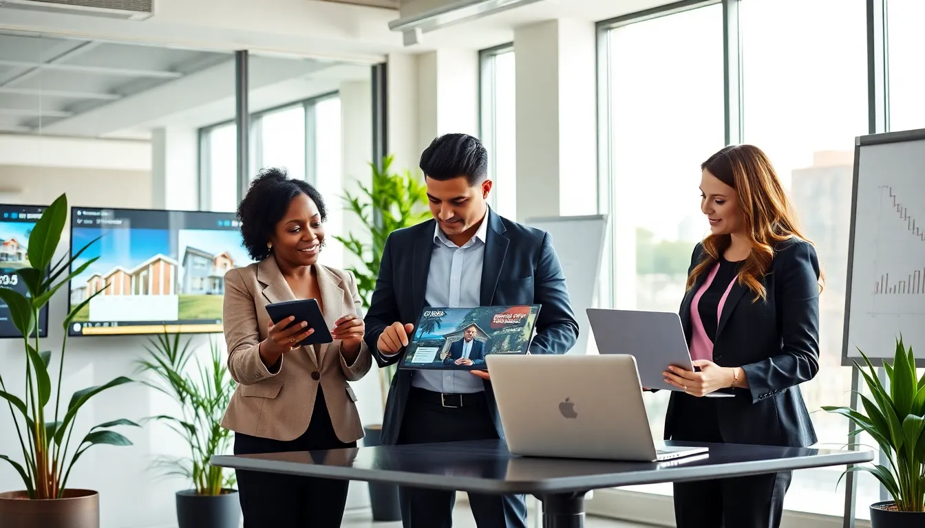 professionals collaborating in a modern real estate office with technology.