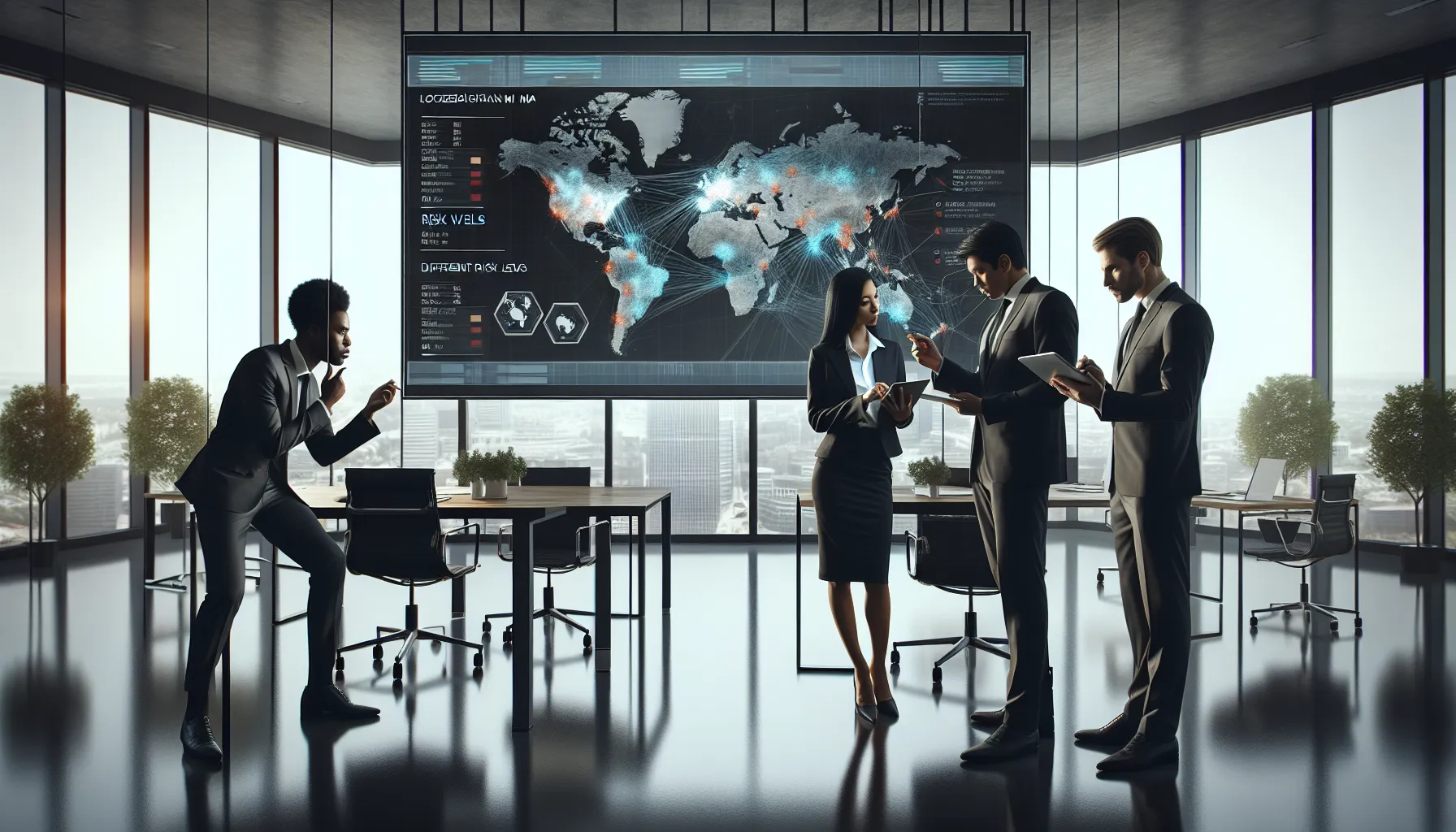team analyzing IP address locations on a digital map in a modern office.