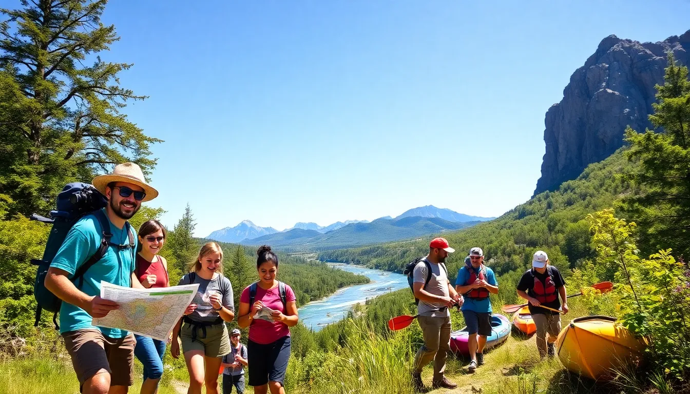diverse group enjoying outdoor activities in a scenic landscape.
