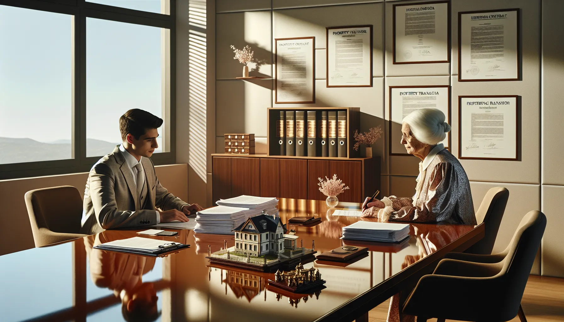 Elderly woman consulting with lawyer about lifetime care contracts and inheritance documents
