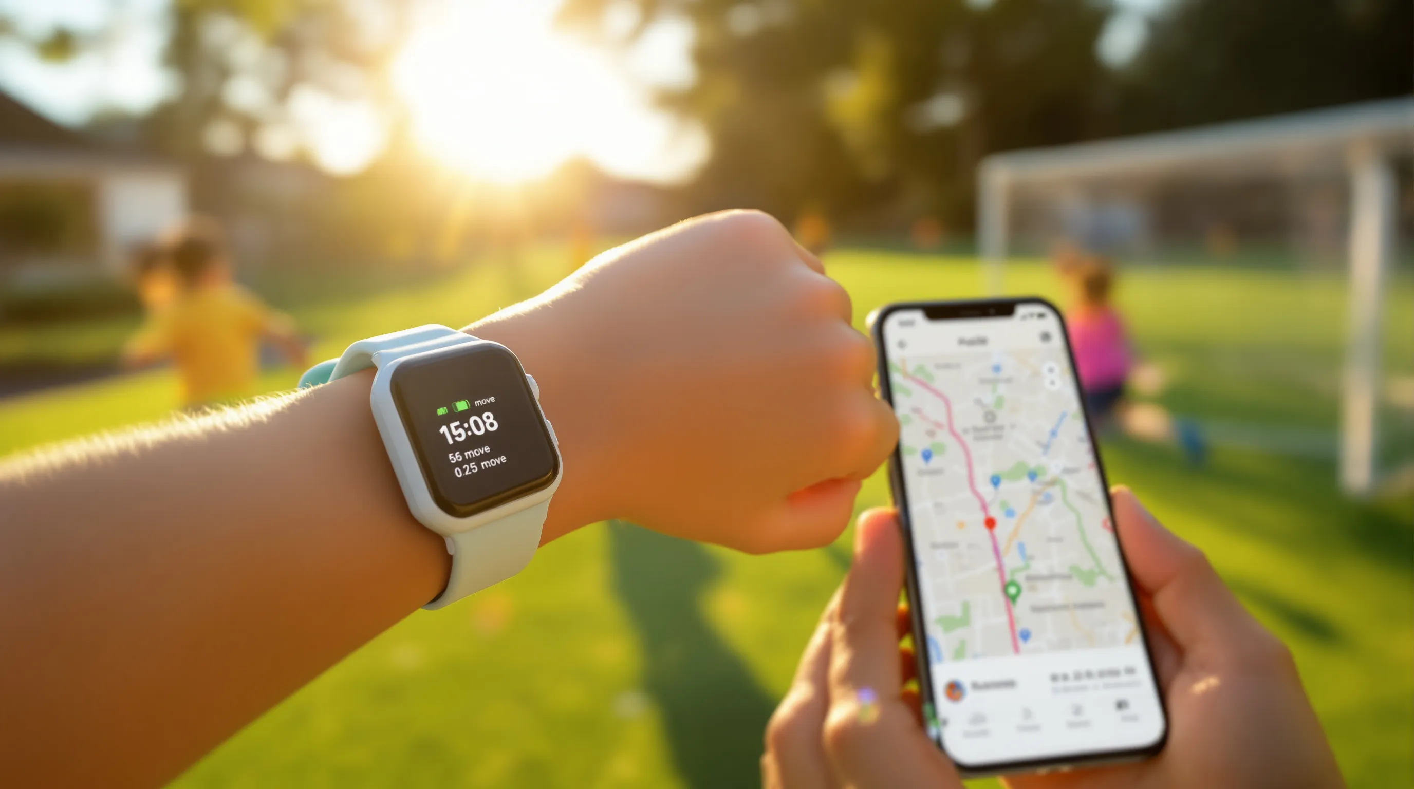 Kid running on a soccer field wearing a rugged GPS tracker watch.