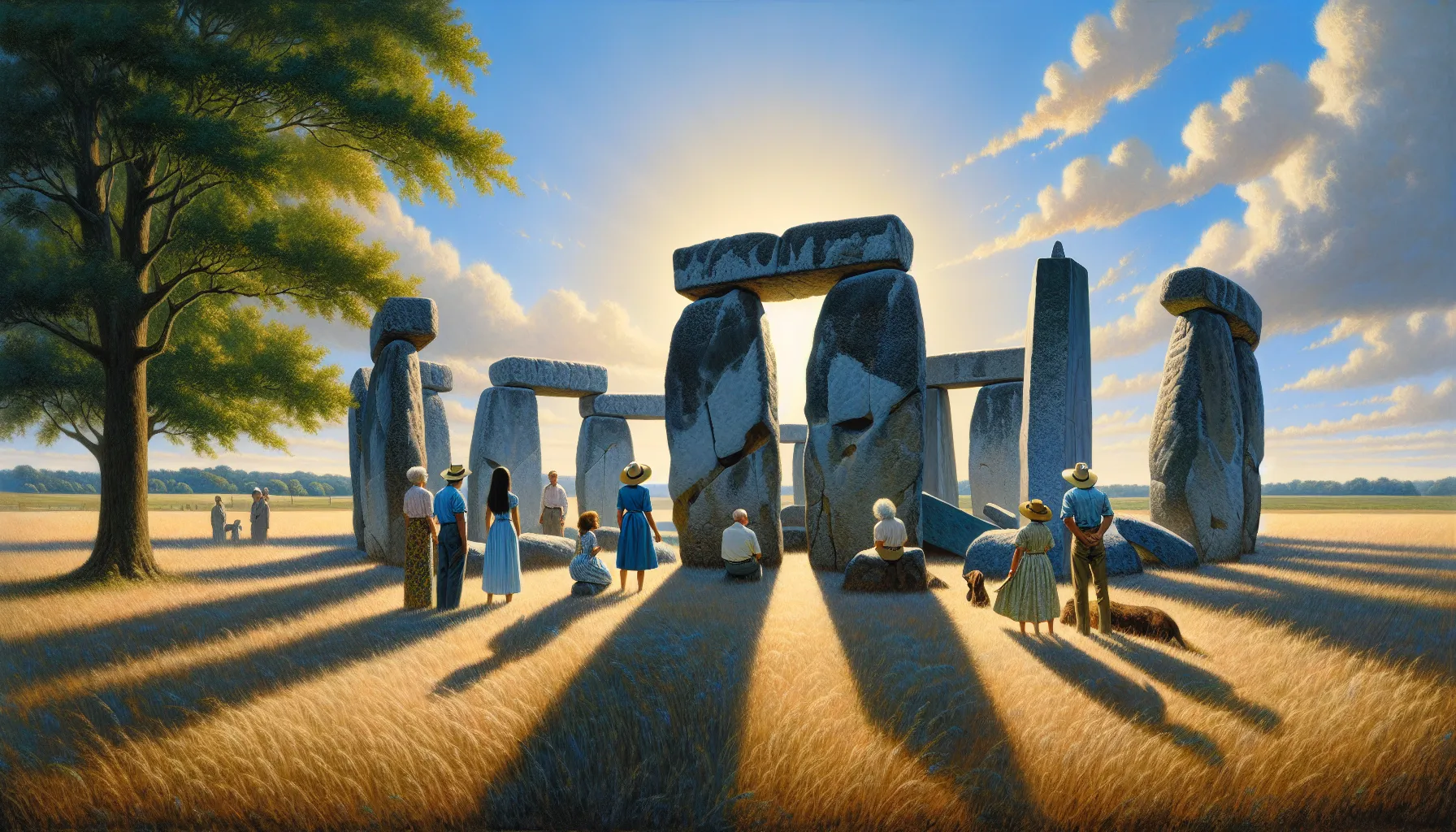 A diverse group of people observing a modern interpretation of Stonehenge.