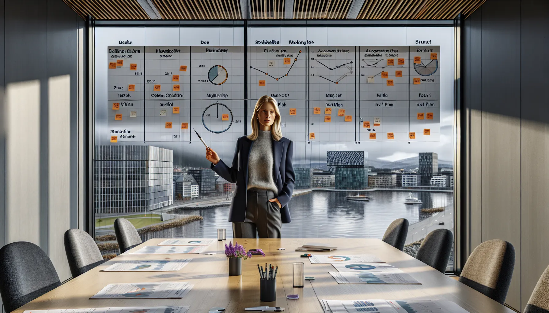 Project manager leads Norwegian team review of milestones, priorities, and charts in Oslo office.