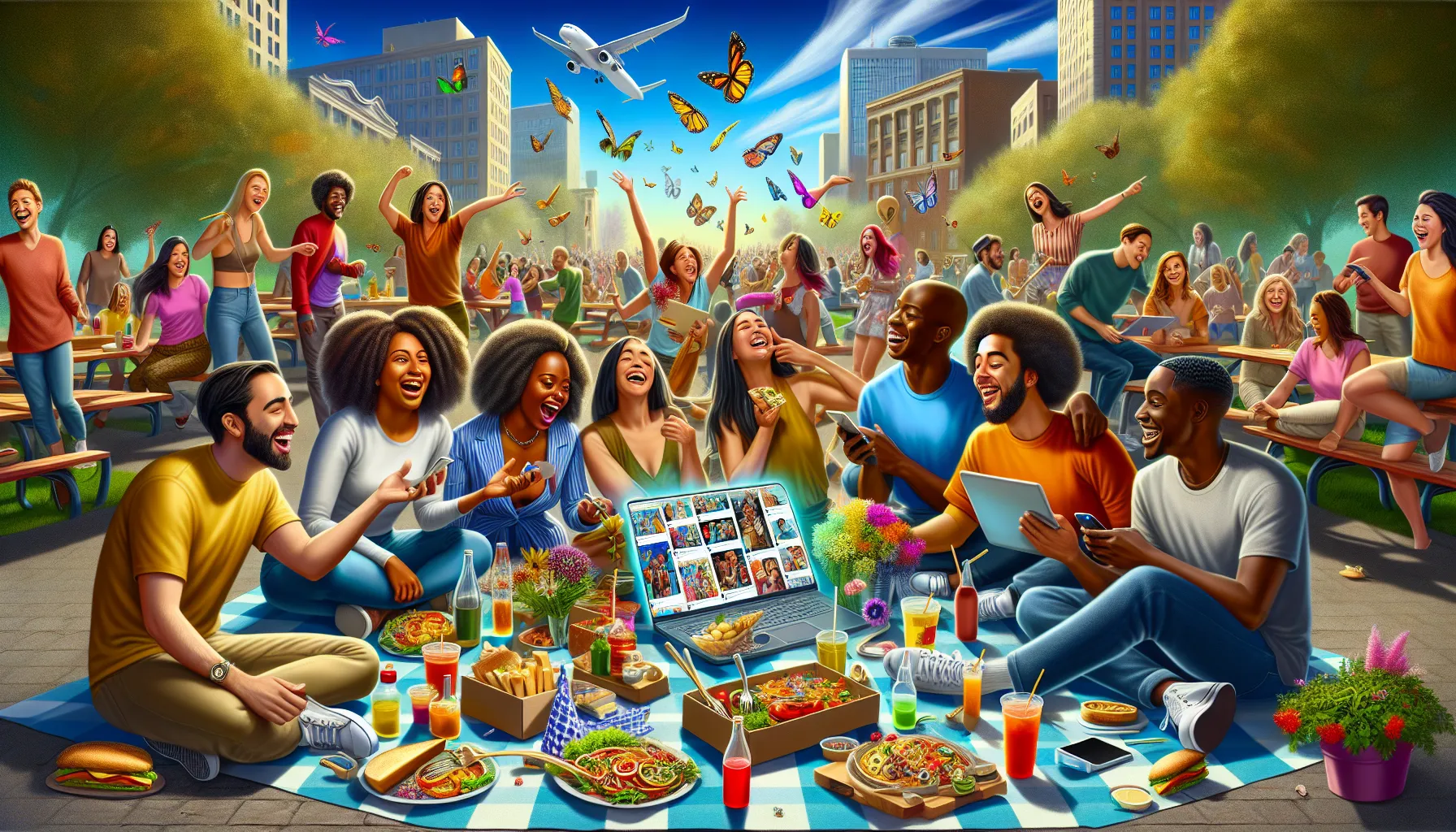 diverse group discussing and sharing laughs in a park.