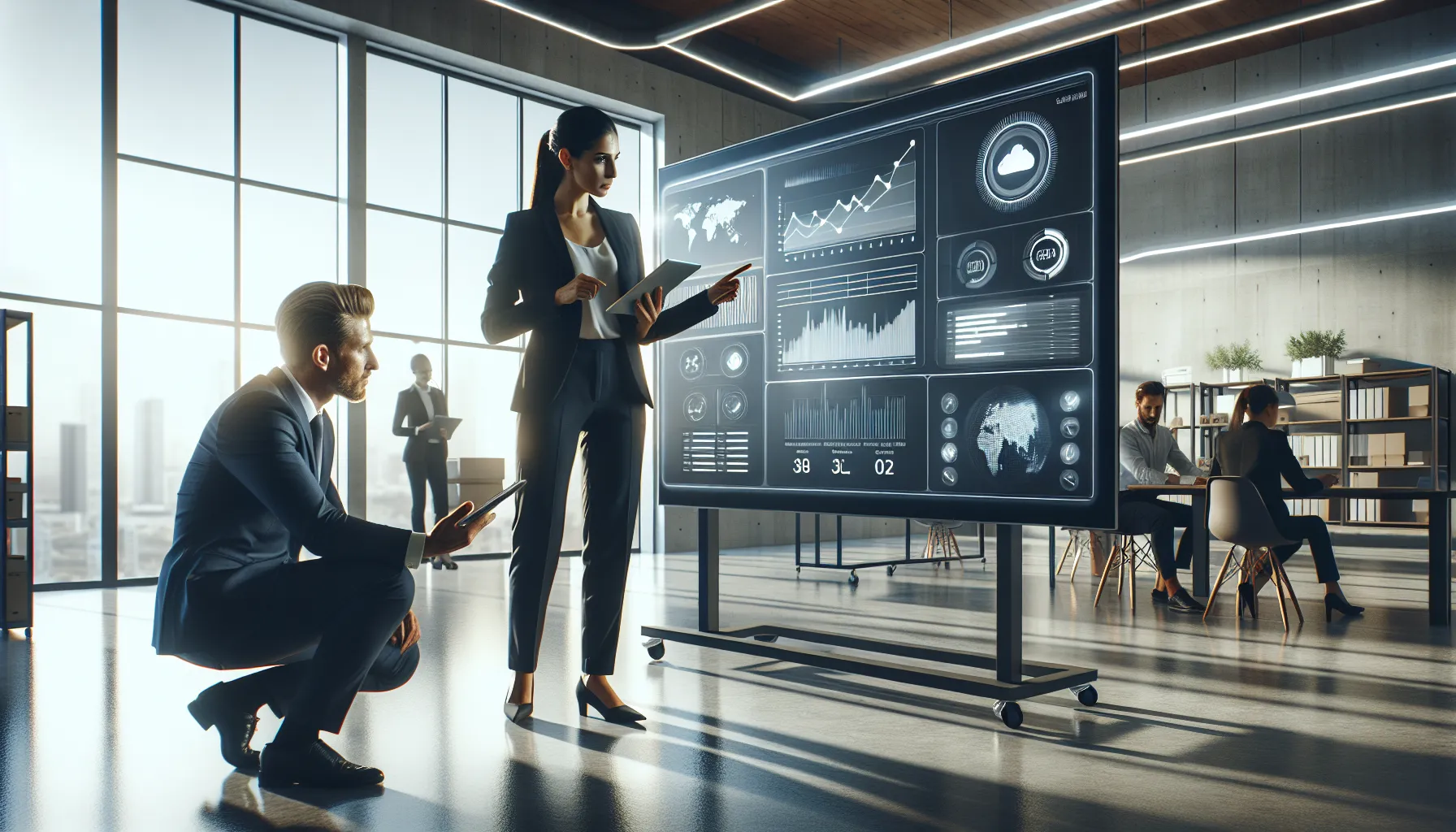 diverse team collaborating over logistics data in a modern office.