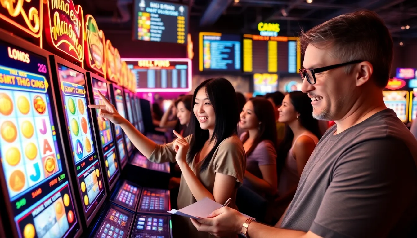 players enjoying a gamified online slot game in a lively casino atmosphere.