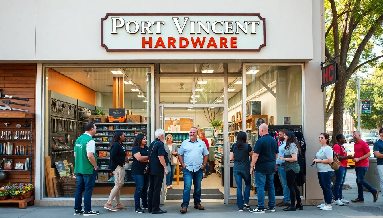 Port Vincent Hardware store with staff assisting customers outside.