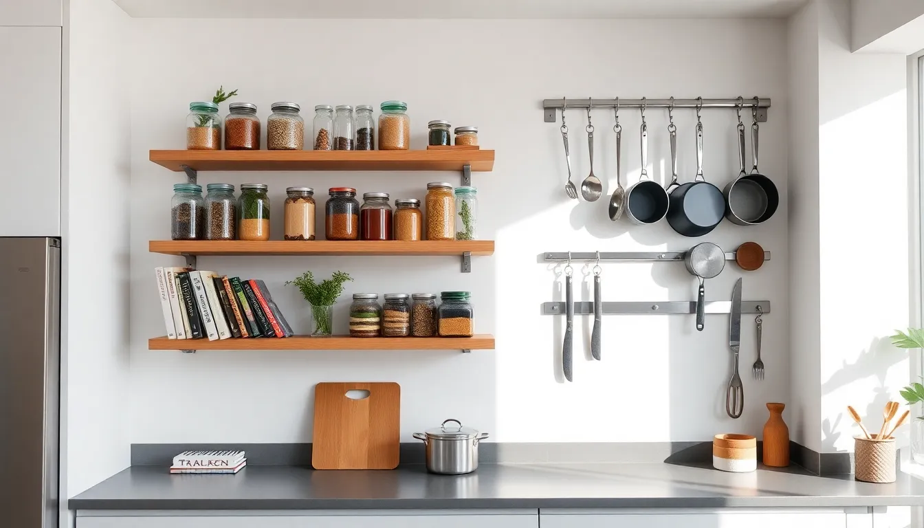 modern kitchen with floating shelves and wall-mounted hooks for storage.